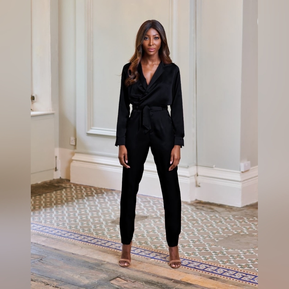 Lola Tara Black Lagos Jumpsuit in Black Size 8 Long Sleeve Japanese Poly Satin